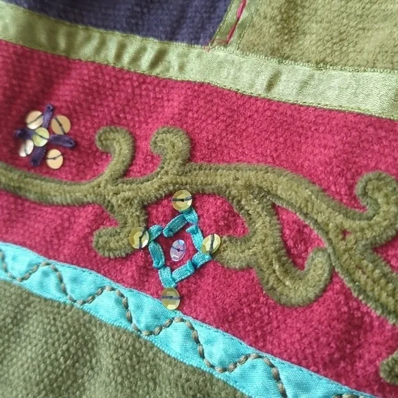 Vtg 90s patchwork Boho embellished Sage/ Fuschia/ button front boxy jacket sz M - Picture 10 of 13